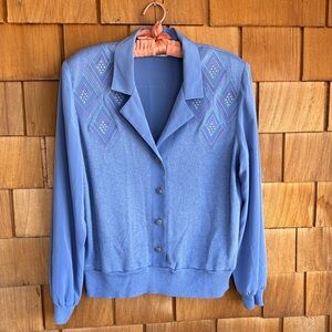 Vintage Blue Button-Up Sweater Jacket with Geometric Embroidery and Skirt